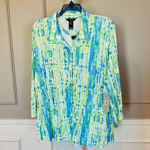 Ali Miles NWT 3X Two Piece Tank Top Button Down Shirt Blouse Blue Green Abstract